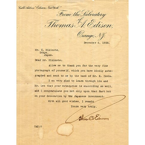 America's greatest inventor, Thomas Edison, was in awe of Mikimoto's cultured pearls. He remarked, It is one of the wonders of the world that you were able to culture pearls.